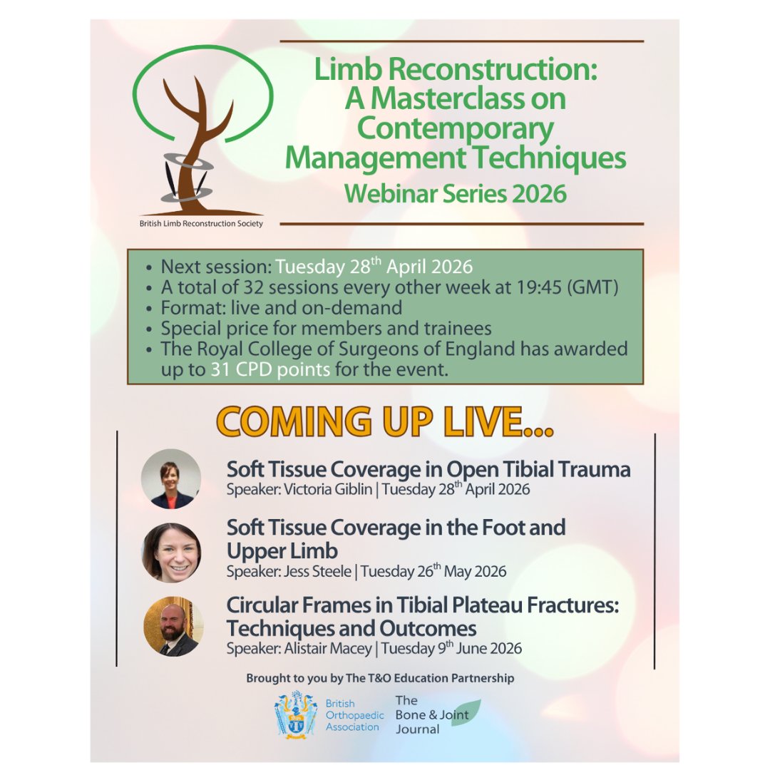 BritOrthopaedic's tweet photo. REMINDER - Limb Reconstruction Webinar Series from the T&O Education Partnership and BLRS. Register to access on-demand content and participate in upcoming live sessions.
This series introduces key paradigms of care in limb reconstruction and builds on them to teach the core principles of this often poorly understood specialty.
Sign up here: https://t.co/Z29f0ND4QE @BoneJointJ
#LimbReconstruction #Orthopaedics #MedEd #CPD #ClinicalLeadership