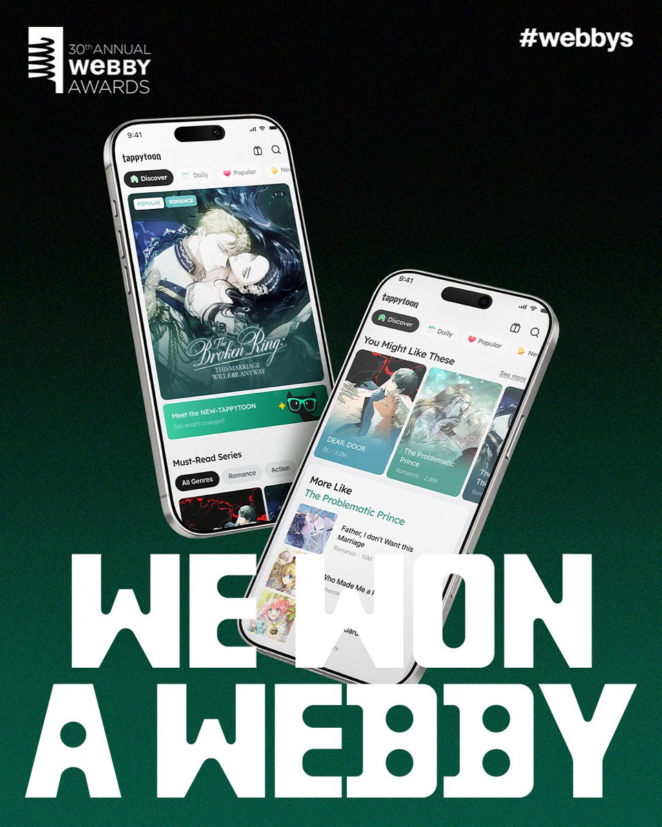 Tappy_toon's tweet image. We’re honored to be a Webby People’s Voice Award Winner!

Tappytoon has won in Entertainment, Sports &amp;amp; Events (Apps, Software &amp;amp; Immersive)! 🏆
Thank you for every vote and for being part of this journey with us. 💚

#Tappytoon #Webtoon #Manhwa #thewebbyawards