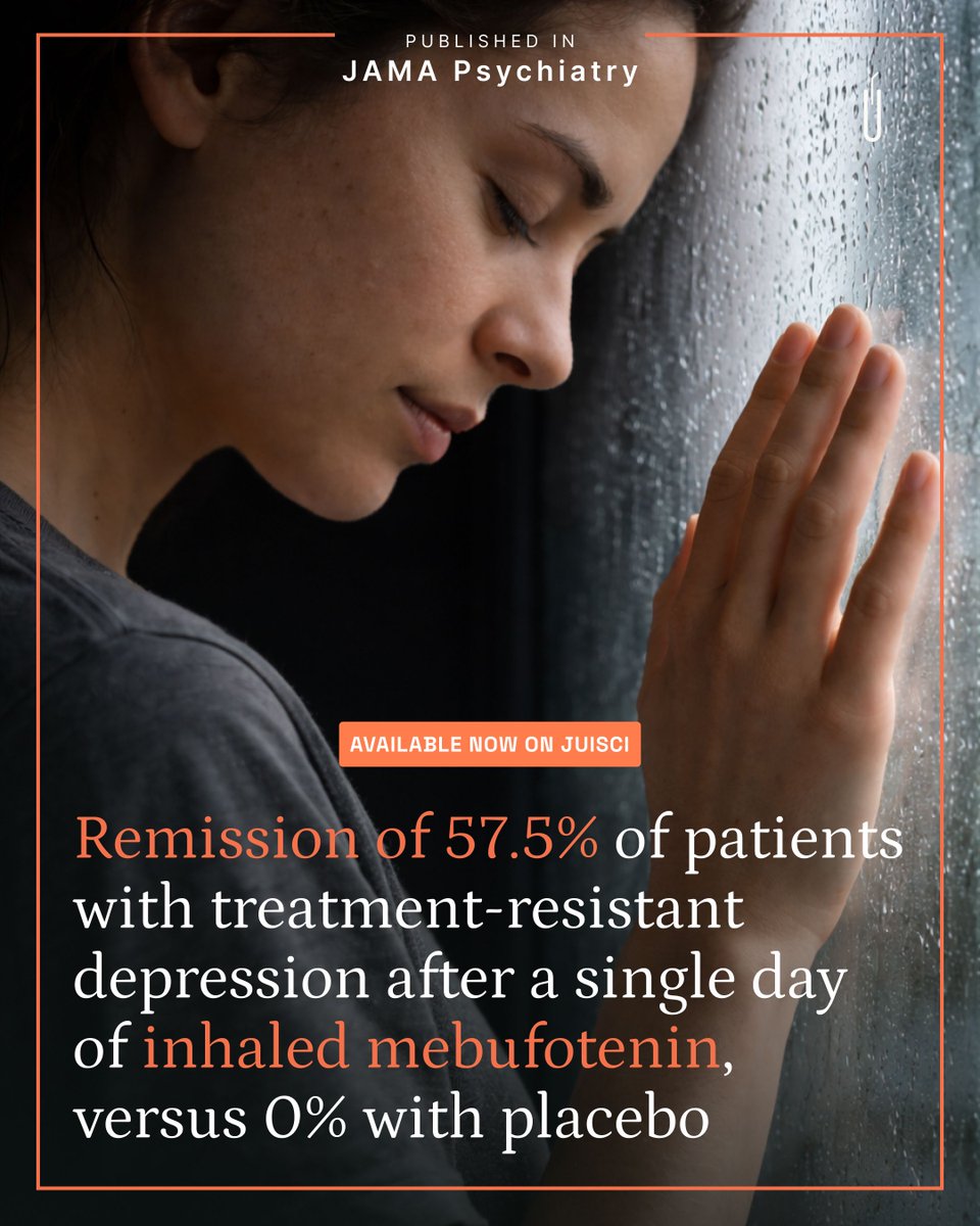 juisci's tweet photo. 💡 New insights in treatment-resistant depression. One day of treatment. That's all it took. In this phase 2b randomized trial (JAMA Psychiatry, 2026), a single session of inhaled mebufotenin (GH001) led to remission in 57.5% of patients with treatment-resistant depression by day 8, versus 0% with placebo. NNT = 2. Effect size = -2.0, a magnitude rarely seen in psychiatry.