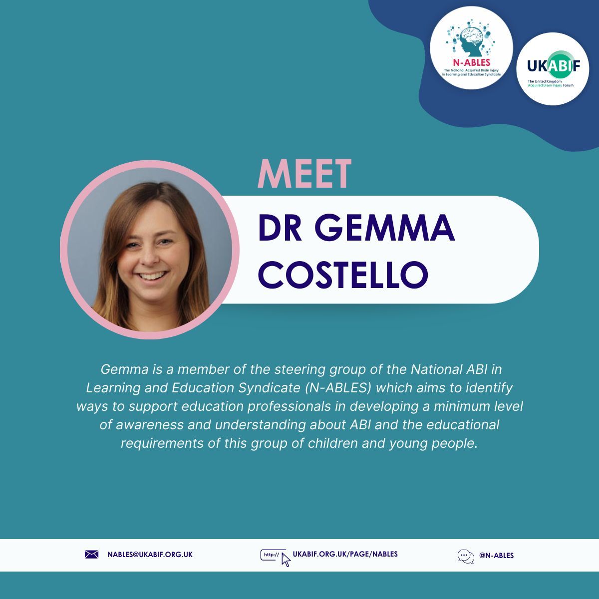 NABLES10's tweet photo. 🌟 #TeamSpotlight 🌟 

Dr Gemma Costello is a Specialist Educational Psychologist in Paediatric Neuropsychology. 

🔗 For more information about the N-ABLES Steering Committee, visit: https://t.co/7kXuuWYblS https://t.co/Visge0eZO5