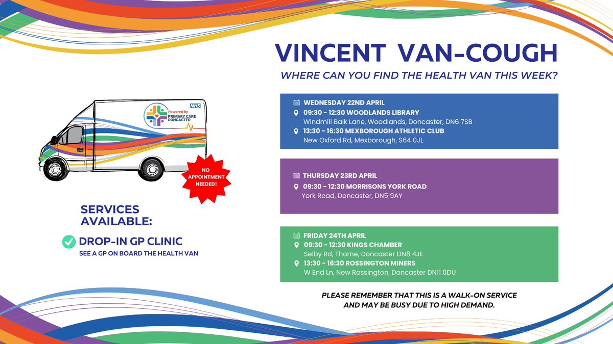 GPFedDoncaster's tweet image. 🚌 Vincent Van Cough is back on the road and we’re visiting a NEW location this week, Mexborough Athletic Club!

Drop-in GP clinics will be available at various sites across #Doncaster - no appointment needed as always!

📍 Check Vinnie's full schedule below! 👇