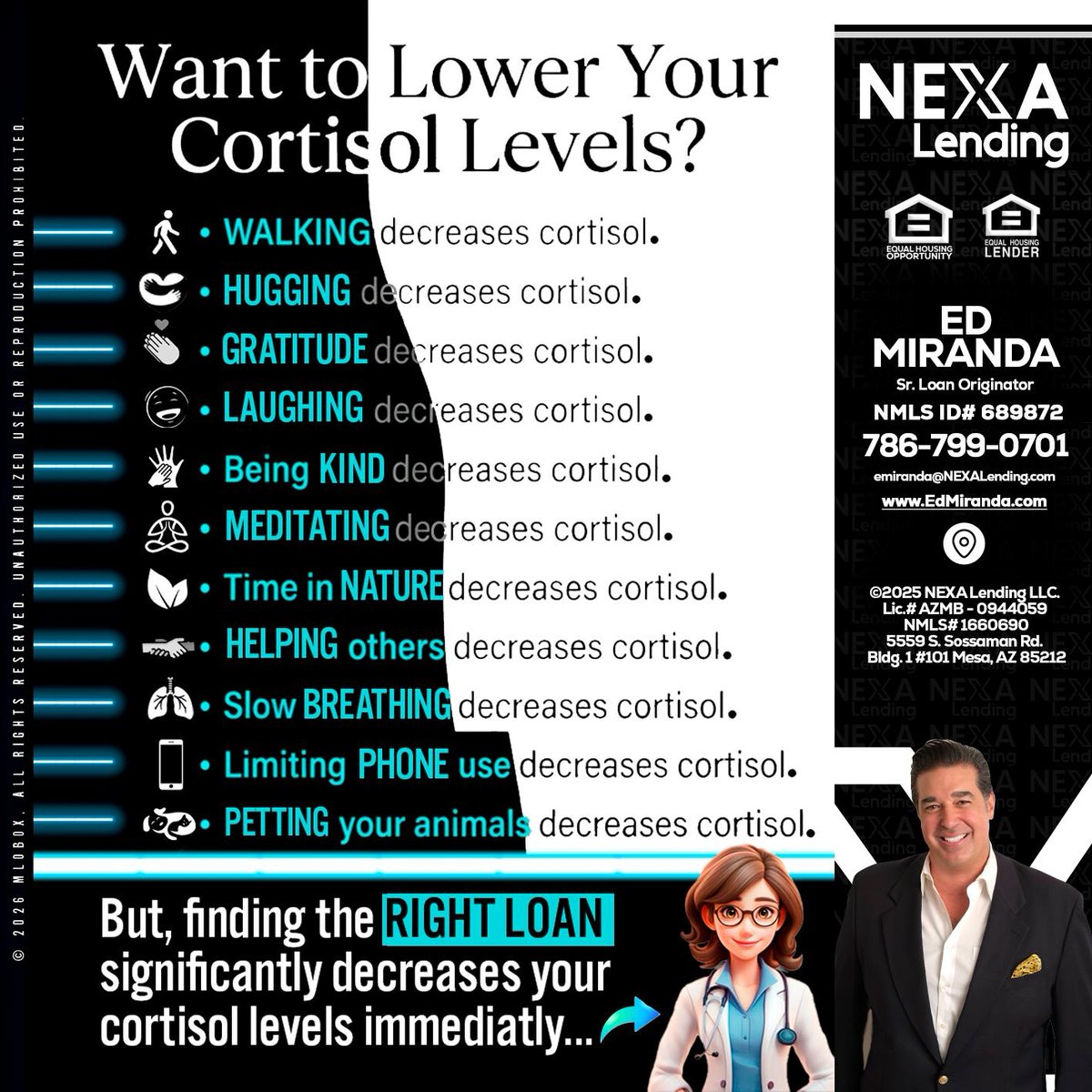 EdYourLender's tweet image. Boost your well-being by lowering cortisol levels! 🌟 Simple joys like walking, hugging, and petting animals make a difference. Plus, finding the right loan can help too! 💪 #MentalHealth #StressRelief #Wellness #edyourlender