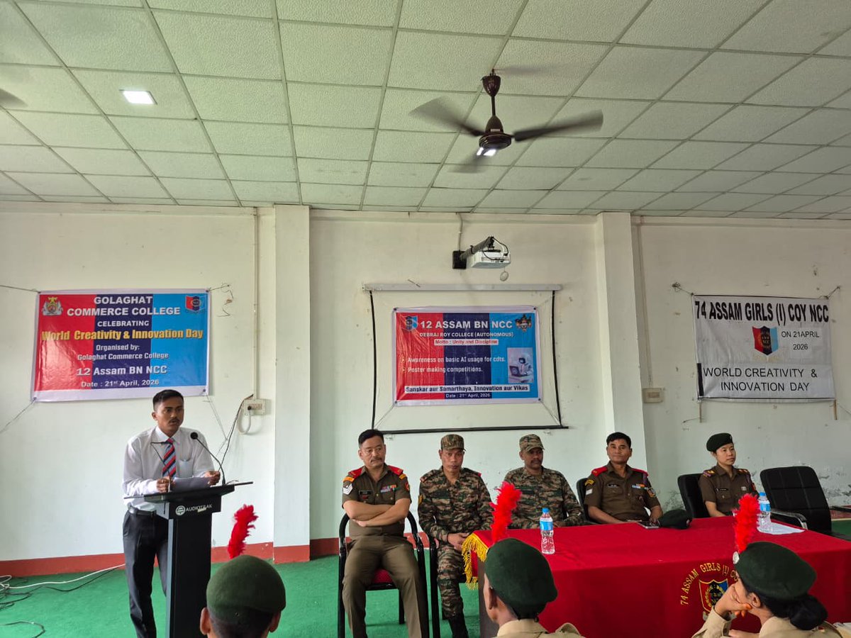 JorhatNcc's tweet photo. Awareness session on basic AI usage & a Poster Making Competition were successfully conducted by 12 Assam NCC Bn on World Creativity & Innovation Day (21 Apr 2026) at Commerce College, Golaghat.

A total of 52 cadets, along with 1x ANOs and 5 XPI staff, actively participated, fostering innovation, digital awareness and creative thinking among youth.

#NCC #NCCDteNER #NCCGpJorhat #InnovationDay #AI #YouthEmpowerment
