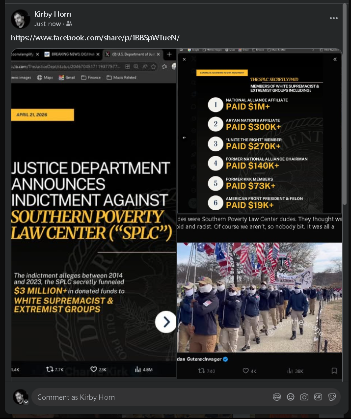bravohorn1's tweet photo. 🤔😏
So, in case you haven't heard the Department of Justice just unsealed 11 indictments against the far left SPLC, Southern Poverty Law Center for crimes of staging white supremacist riots, events and protests.

We were called conspiracy theorists for calling these staged, and well, now we know.
WE WERE RIGHT AGAIN

The Justice Department on Tuesday indicted the Southern Poverty Law Center (SPLC) on 11 counts, including wire fraud, bank fraud and money laundering.

The SPLC was indicted for secretly funneling more than $3 million in funds to members of white supremacist and extremist groups, the DOJ said.

A grand jury in the Middle District of Alabama returned an 11-count indictment against the SPLC.
This was another Obama inspired conspiracy to spread chaos, propaganda, used to seed racial hysteria during the Trump administration.
https://t.co/Y9NXsxHc9s