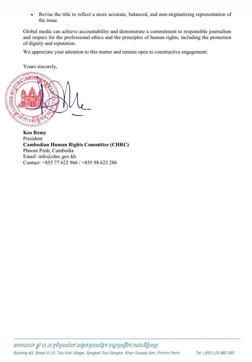 noansereiboth's tweet photo. Cambodia’s Senior Minister Keo Remy sent a letter to Emma Tucker @emmatuckerWSJ , editor-in-chief of The Wall Street Journal @WSJ , urging the removal of the term “Scambodia” from a headline, saying it incites hatred and discrimination against the Cambodian people. https://t.co/5iTOlrs9li