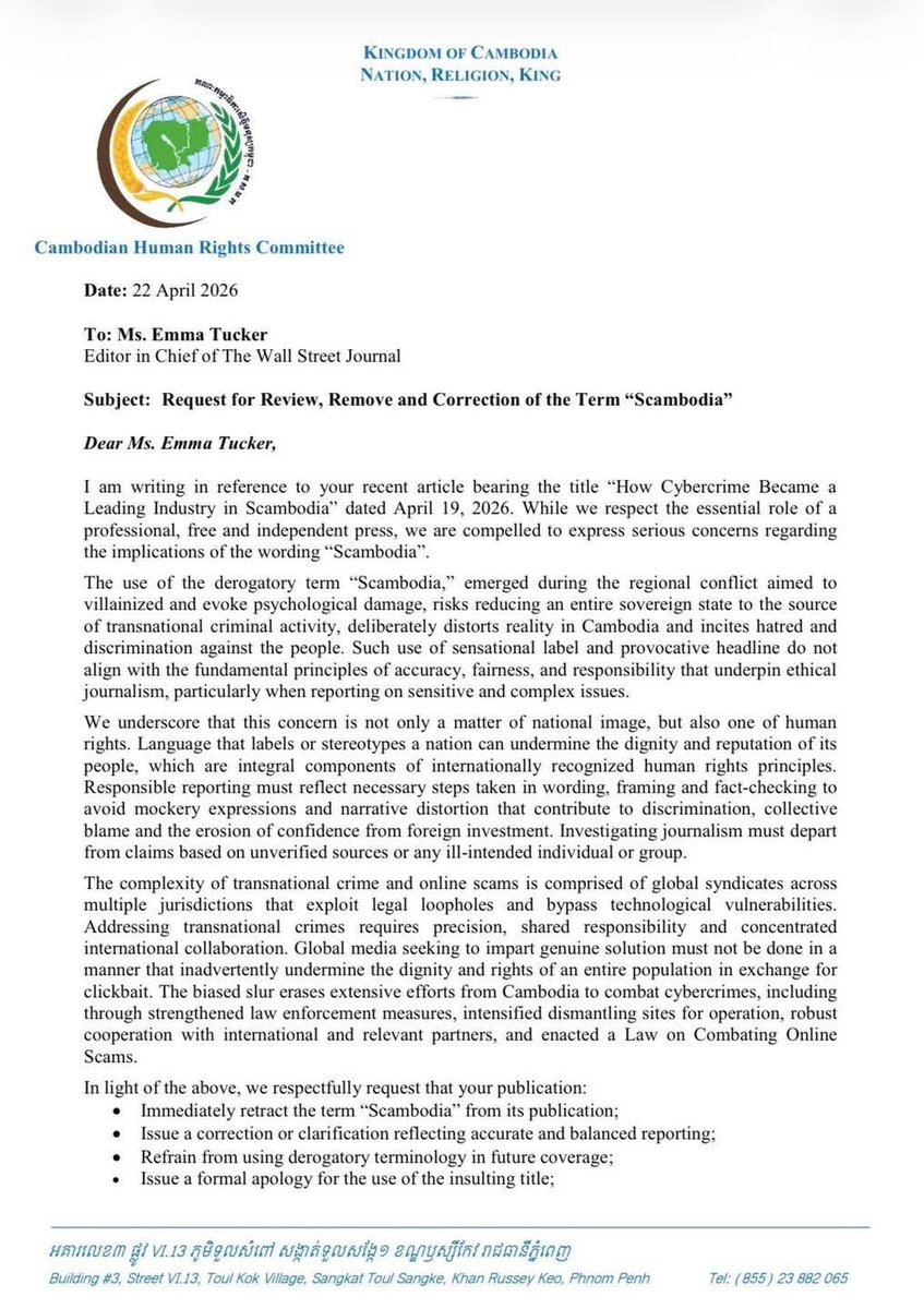 noansereiboth's tweet photo. Cambodia’s Senior Minister Keo Remy sent a letter to Emma Tucker @emmatuckerWSJ , editor-in-chief of The Wall Street Journal @WSJ , urging the removal of the term “Scambodia” from a headline, saying it incites hatred and discrimination against the Cambodian people. https://t.co/5iTOlrs9li