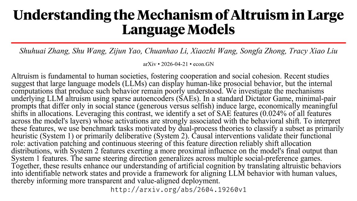 CapybaraPapers's tweet photo. Understanding the Mechanism of Altruism in Large Language Models https://t.co/HnY9yCRz09 https://t.co/ZqNduupHXO