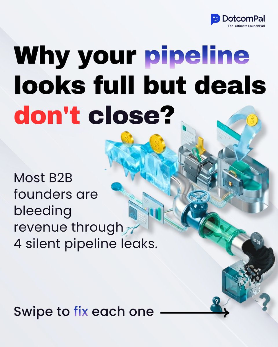 DotcomPal's tweet image. 🚨 Your pipeline isn’t broken - it’s leaking.
Most 6-7 figure founders bleed revenue through silent gaps.
Swipe to see the 7 deadly leaks killing your deals 👉#DotcomPal #SalesPipeline #Rockets #Luka