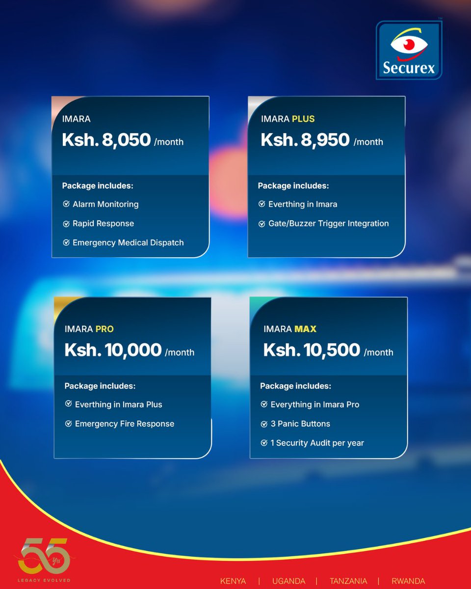 SecurexEA's tweet image. From the essential Imara to the comprehensive Imara Max, we have a package for every need. Swipe to compare features like Fire Response and Security Audits.
Click on the link to book a consultation: shorturl.at/T4eFF

#SecurexPackages #SmartHome #ImaraMax #SecureYourSpace