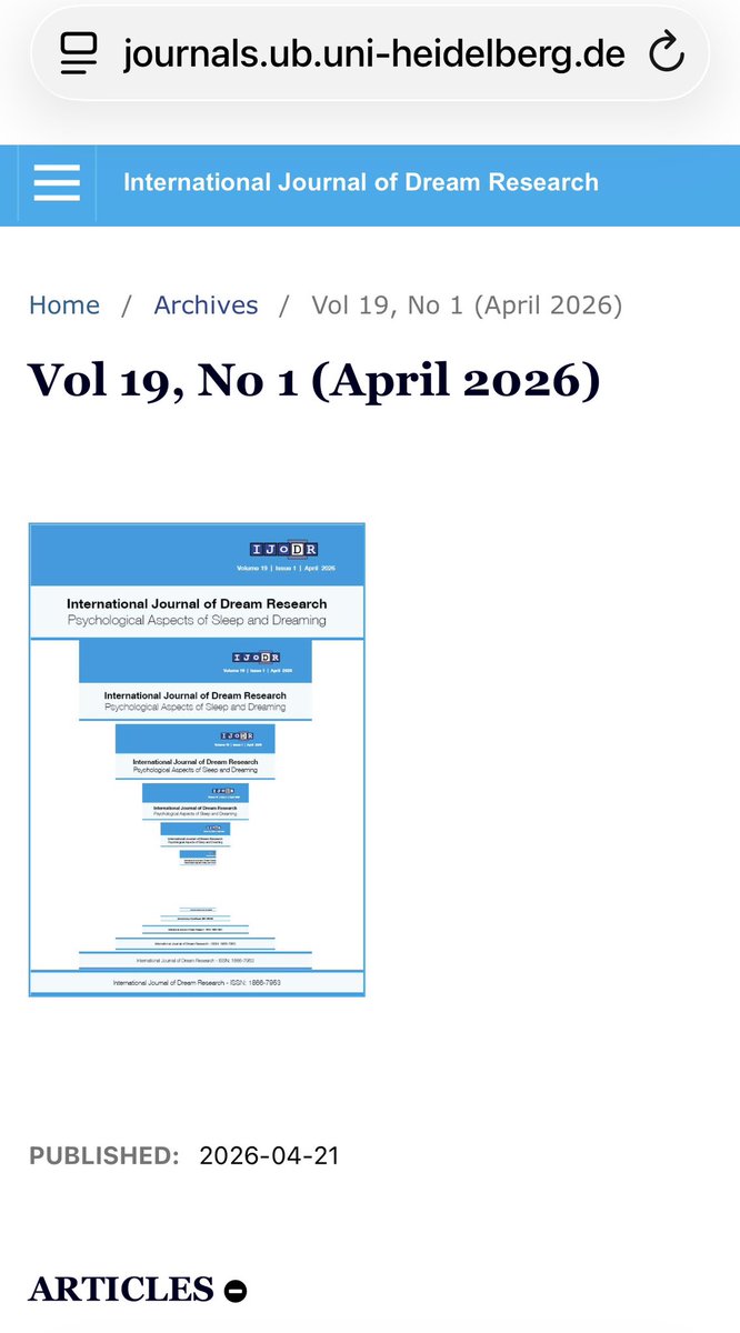 Mark_Blagrove's tweet photo. The latest issue of the open access International Journal of Dream Research has just been published, volume 19 issue 1. 
https://t.co/3V5fqJj9GI https://t.co/so2AcSSE7W
