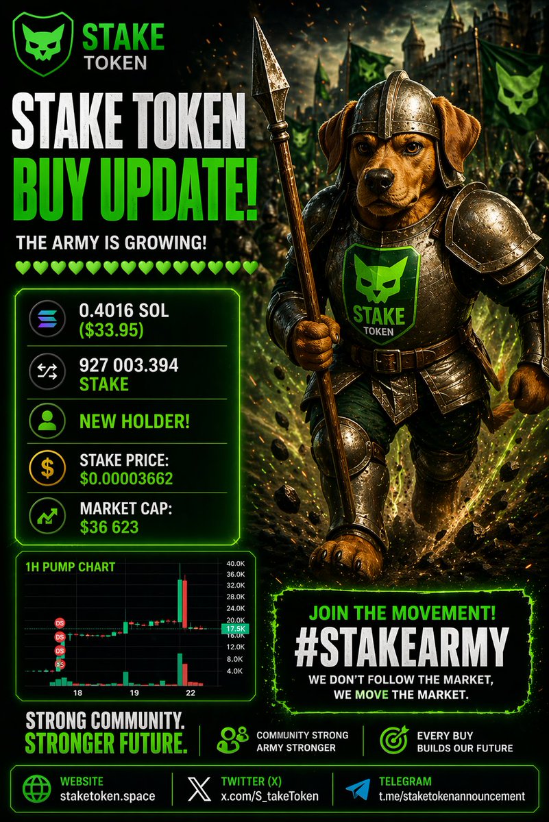 S_takeToken's tweet photo. STAKE TOKEN BUY UPDATE !!!

Momentum continues.
Another strong entry from a new holder.
0.4016 SOL ($33.95)
927K+ STAKE secured
Market Cap: $36.6K

The army is growing stronger every move.

Join the movement:

Website: https://t.co/5kHFRNNuAD

Telegram: https://t.co/WzVjfjOS72

#StakeToken #StakeArmy #Solana #Crypto #Web3
