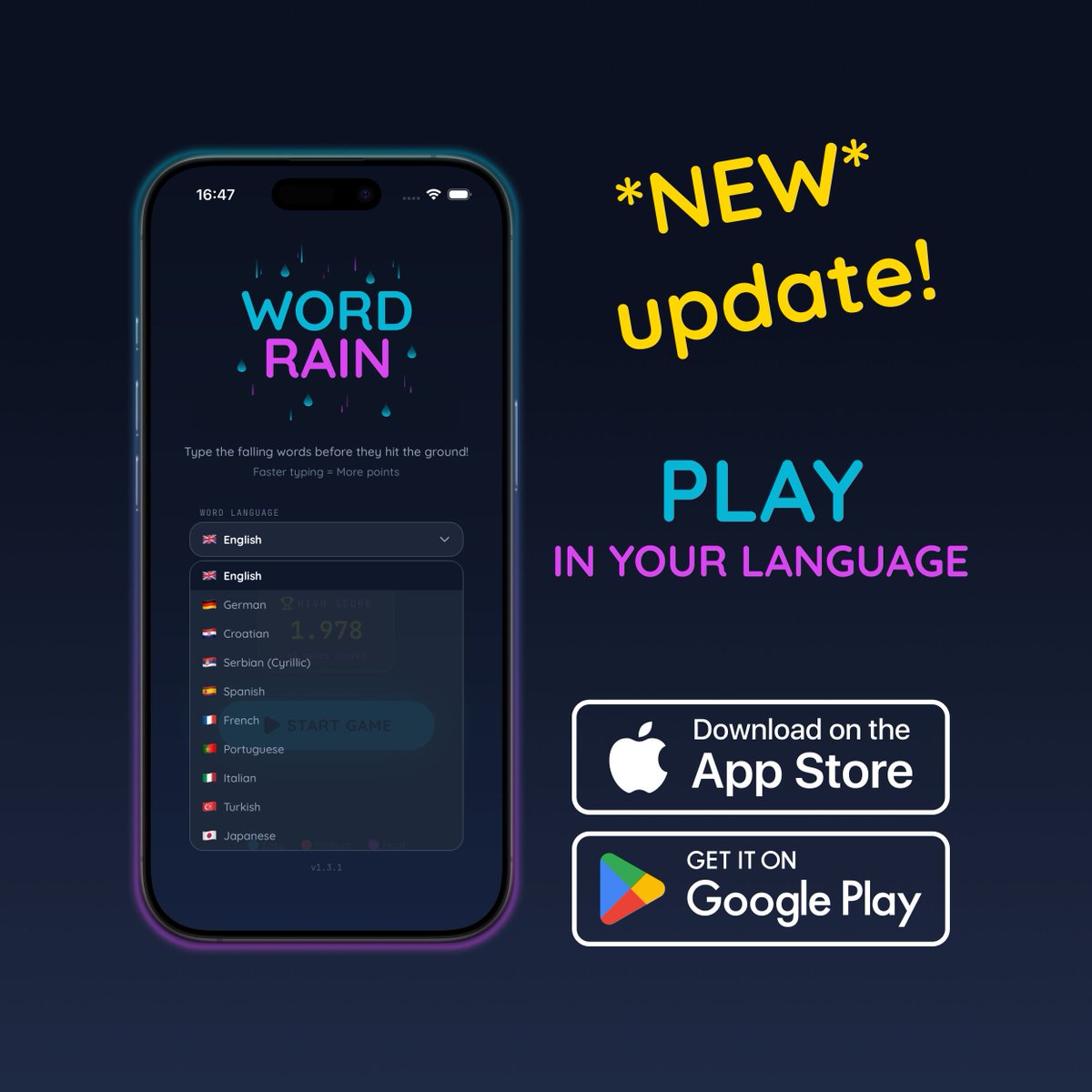 DMProjectsDev's tweet image. Word Rain learned a few new languages.

Same chaos. More words to panic-type. 

#indidev #buildinpublic #mobilegame