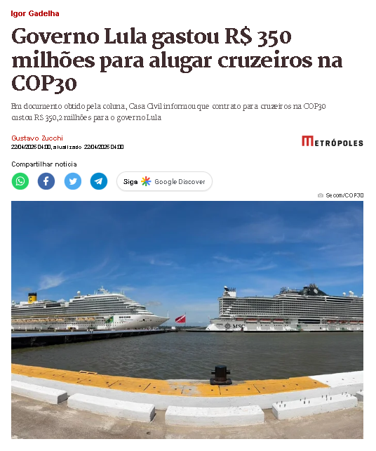 DestraNoticias's tweet photo. 🚨 ABSURDO: governo torra R$ 350 MILHÕES pra alugar cruzeiro na COP30 porque “faltou hotel”. Planejamento zero, luxo máximo… pago por você. 
#DestraNoticias #DireitaForte #GovernoLula #GastosPublicos #HipocrisiaEsquerda https://t.co/oJis7vYVVc