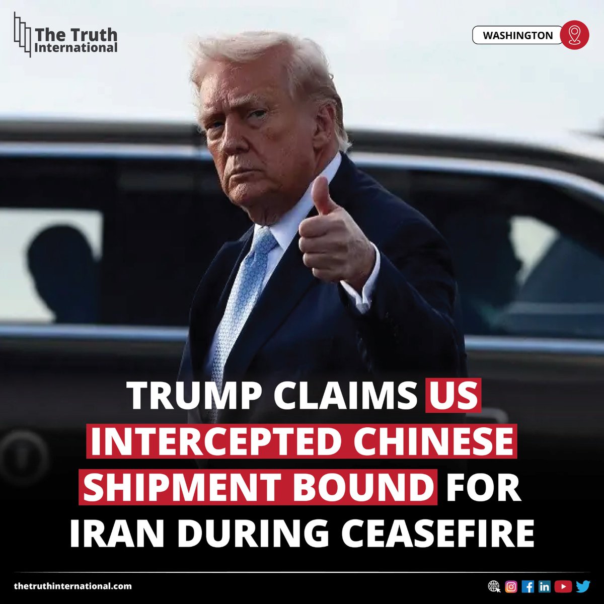 ttimagazine's tweet image. Trump Claims US Intercepted Chinese Shipment Bound For Iran During Ceasefire

CLICK HERE: thetruthinternational.com/trump-claims-u…

#USPresident #DonaldTrump #Claims #US #Intercepted #Chinese #Shipment #Bound #Iran #Ceasefire #WASHINGTON #TTI