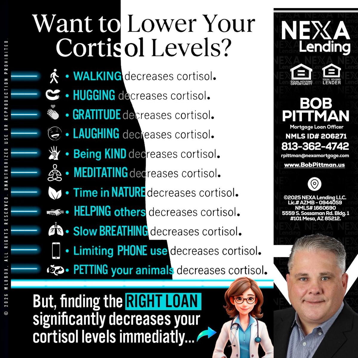 BobPittmanMort's tweet image. Lower your cortisol levels with simple joys! 🧘‍♂️ From walking to hugging, gratitude to slow breathing, every little bit helps. And remember, the right loan can ease your stress too! 💪 #Wellness #StressRelief #MentalHealthMatters