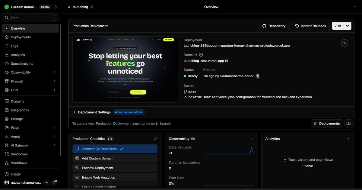 _Gautam_Ashish's tweet image. your best features deserve to be seen.

just deployed LaunchLog — a clean changelog + roadmap tool for builders who ship in public.

→ launchlog-zeta.vercel.app

would love feedback if you're an indie hacker or devtool builder 🙌

#buildinpublic #saas #indiehacker #letsconnect