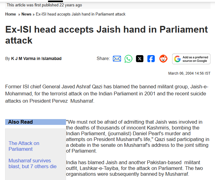 PoliticalH98186's tweet photo. A former ISI chief, Javed Ashraf Qazi, ADMITTED that JeM was responsible for the Parliament attack. Pakistan's own spymaster confessed. And yet Islamabad still denies. #PakBehindPahalgam https://t.co/0rMnUUnVbI