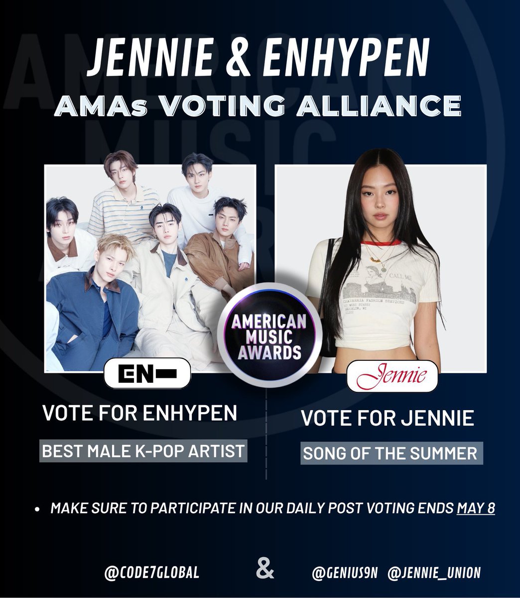 CODE7GLOBAL's tweet image. [#ENHYPENxJENNIE_AMAs]

ENGENEs! Voting has reset.
It’s now Day 3 of our collaboration with RUBIES.

Make sure to follow the guidelines below and submit your proof in the replies so your votes be counted.

Collaboration Guidelines:
• Both fandoms will actively support and hype