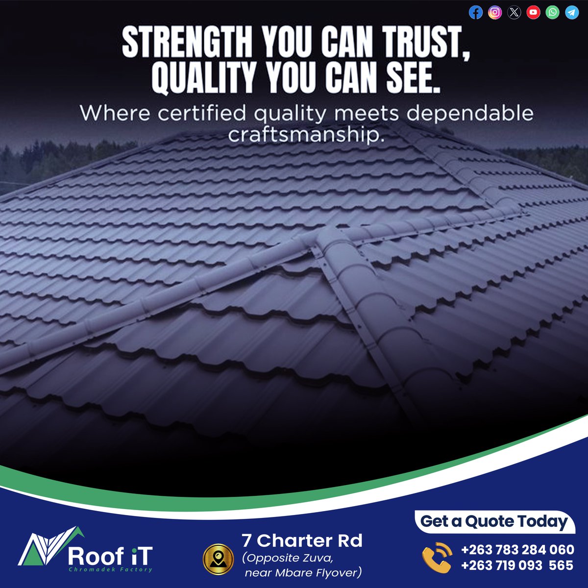 RoofiTchromadek's tweet image. Strength You Can Trust. Quality You Can See.

Certified quality meets dependable craftsmanship at RoofiT Chromadek Factory. Built to last, designed to impress.

📍 #7 Charter Rd, Harare CBD (Opp Zuva)
📞 +263 719 093 565 | +263 783 284 060
#RoofiT #Chromadek #Harare