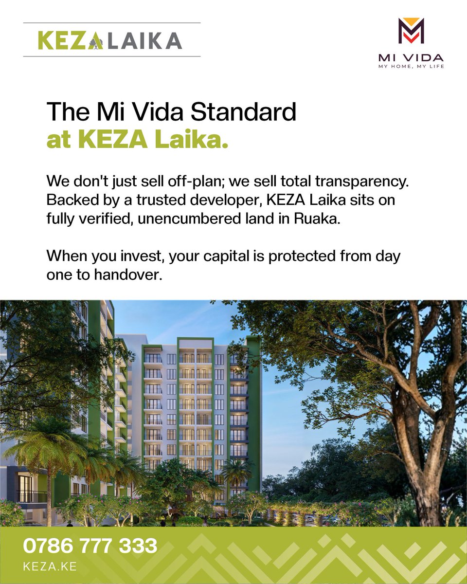 KEZAMiVidaHomes's tweet image. At KEZA Laika by Mi Vida, we believe that transparency is the foundation of luxury. 

Visit: keza.ke/laika to see more about KEZA Laika.

#RealEstateTips #TitleDeeds #KenyaProperty #DueDiligence #InvestorEducation #MiVidaHomes #KEZALaika #RuakaRealEstate #OffPlanKenya