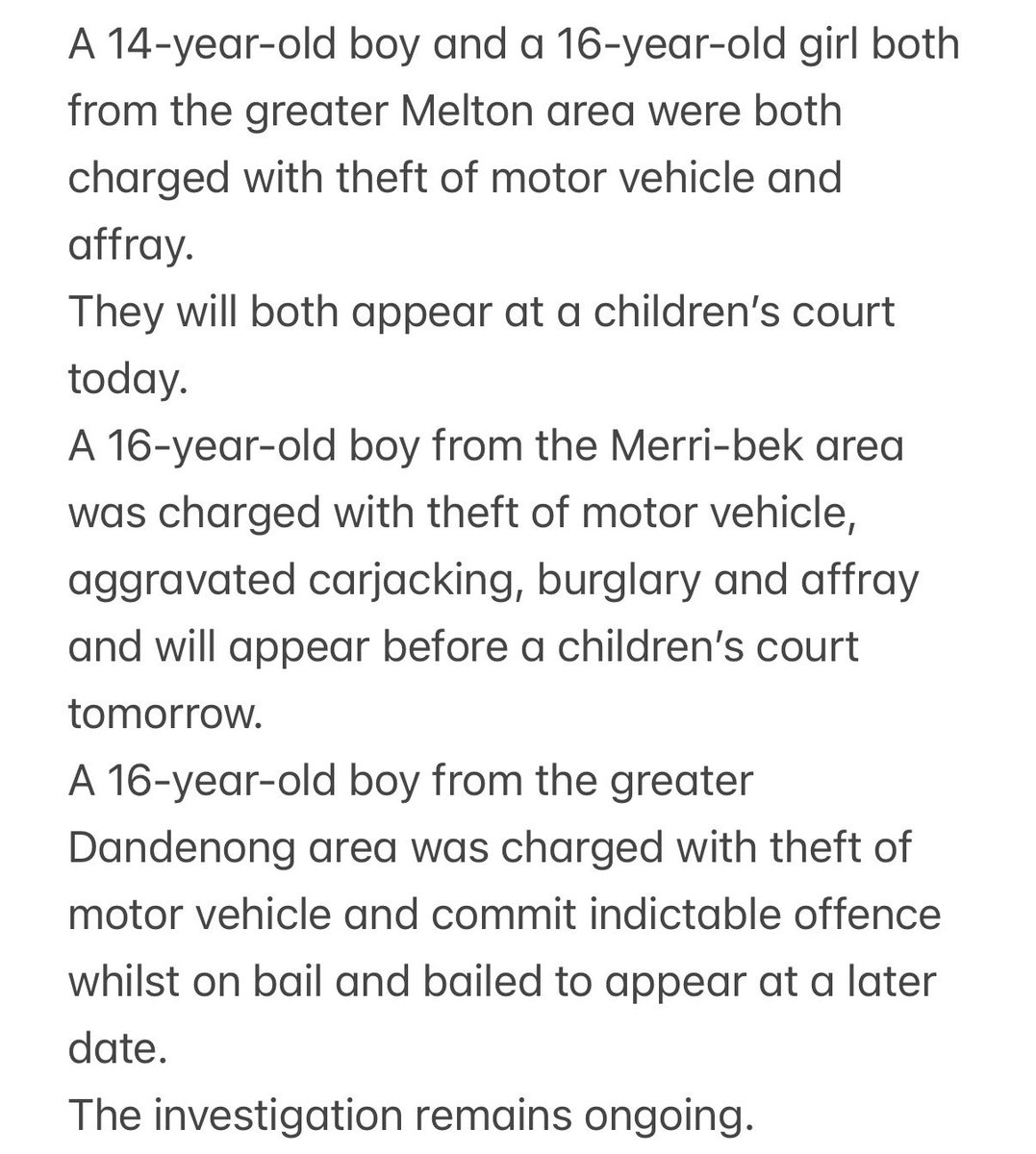 Madelaine_Burke's tweet image. PORT MELBOURNE: Four charged, one bailed. 
The 16yo who was bailed was on bail at time of the alleged offence.