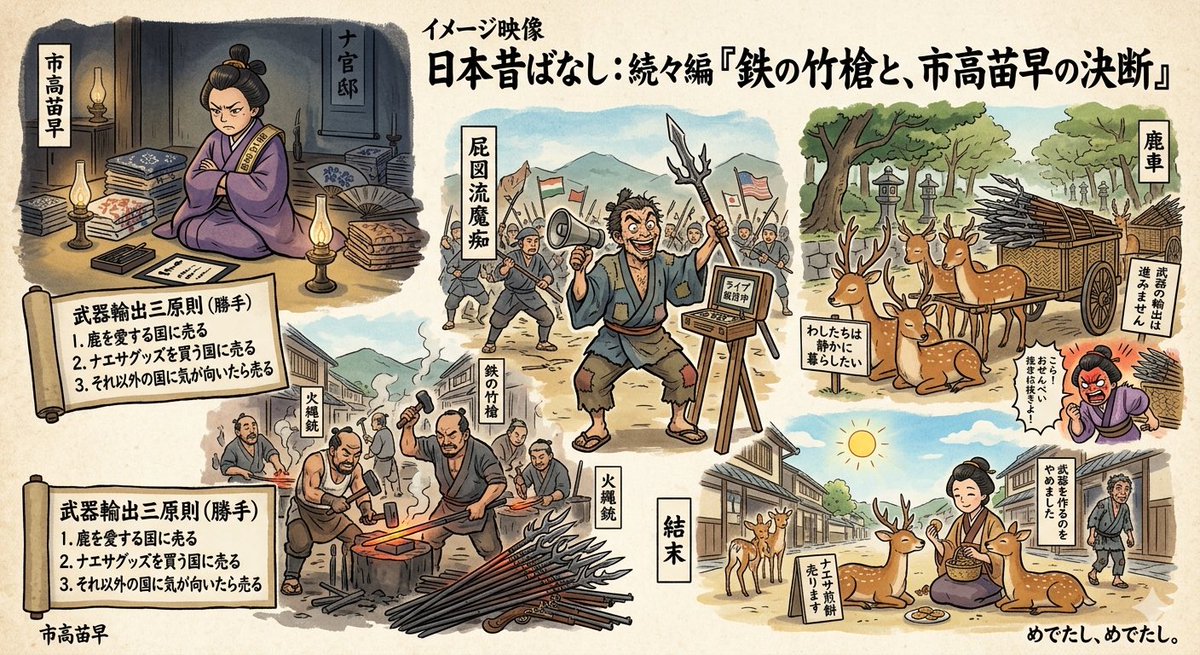 StashTakeuchi8's tweet photo. 日本昔ばなし③

日本昔ばなし：続々編
「鉄の竹槍と、市高苗早の決断」
油が止まり、鹿車（しかぐるま）が走り始めた日本でしたが、海の向こうの戦争はさらに激しさを増していました。
ここで、時の宰相・市高苗早（いちたかなえさ）は、暗い官邸で一人、腕組みをして考え込んでいました。
「油が入ってこないなら、こちらから何かを売って、無理やりにでも取引させるしかないわ！」
勝手に決めた「武器輸出の三原則」
市高苗早は、本来ならみんなで話し合って決めるべき「武器輸出三原則」を、ナエサグッズの在庫整理のついでに、たった一人で書き換えてしまいました。
彼女が筆を走らせて決めた、新しい三原則とはこうです。
1.「鹿を愛する国には、どんどん武器を売るべし」
2.「ナエサグッズを買う国には、もっと武器を売るべし」
3.「それ以外の国には、気が向いたら売るべし」
「これで日本は、武器を売って大儲けよ！油も買えるわ！」
市高苗早は鼻息荒く、奈良の鍛冶屋たちに命じて、鹿の角を模した「鉄の竹槍」や「火縄銃」を山のように作らせました。
屁図流魔痴、死の商人（？）になる
これに目をつけたのが、あのお調子者の屁図流魔痴です。
「その武器、俺が世界中にライブ配信して売ってきますわ！」
彼は、できたばかりの「鉄の竹槍」を肩に担ぎ、再び大ぼらを吹きながら世界中へ売り込みに歩きました。ところが、彼はならず者ですから、武器を売る相手を間違えてばかり。味方にも敵にも同じ槍を売りつけ、戦場をめちゃくちゃにしてしまいました。
鹿さんの沈黙と、平和の祈り
さて、奈良の鹿さんたちはというと、自分たちのシンボルである「角」が、武器のデザインに使われているのを見て、ひどく悲しみました。
「わしたちは、静かに暮らしたいだけなのに。油のために、争いの道具にされるのはごめんだよ」
鹿たちは、市高苗早が作った武器を載せた鹿車を、一歩も引こうとしませんでした。
「こら！動かないと、おせんべい抜きよ！」
市高苗早がいくら怒っても、鹿たちは静かに目を閉じ、奈良の土の上に座り込んでしまいました。
すると不思議なことに、鹿が動かないせいで、武器はどこへも運ばれず、輸出はちっとも進みませんでした。
めでたし、その後の結末
結局、市高苗早が勝手に決めた三原則は、鹿たちの「ボイコット」によってあえなく失敗に終わりました。
屁図流魔痴も、売り込んだ先で追いかけ回され、またしてもボロボロになって日本へ逃げ帰ってきました。
「武器を売るより、平和に鹿とお昼寝するほうが、ずっといいわい」
日本中がそう気づいた頃、ようやく海の向こうの戦争も終わりを迎えました。
市高苗早は、武器を作るのをやめて、再び鹿さんたちと仲良く「ナエサ煎餅」を売る生活に戻りましたとさ。
めでたし、めでたし。