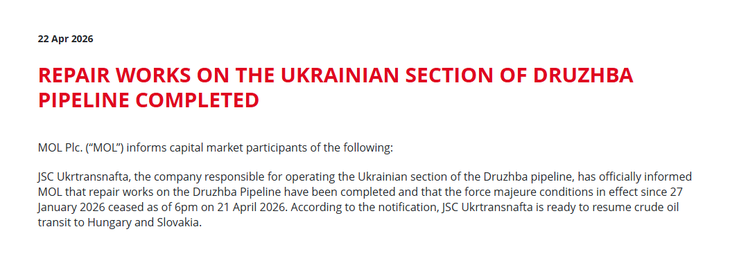 NOELreports's tweet image. Repairs on the Ukrainian section of the Druzhba pipeline have been completed, with oil transit to Hungary and Slovakia set to resume after force majeure ended April 21. #Ukraine