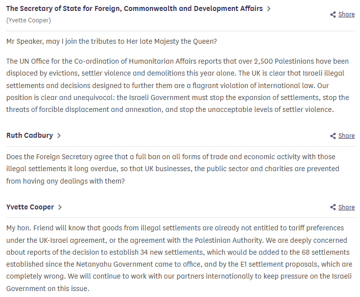 After recognising the "evictions, settler violence and demolitions" in Israel's illegal West Bank settlements, foreign secretary <a href="/YvetteCooperMP/">Yvette Cooper</a> once again refuses to impose a UK ban on trade with those settlements. 

#DCUKparliament