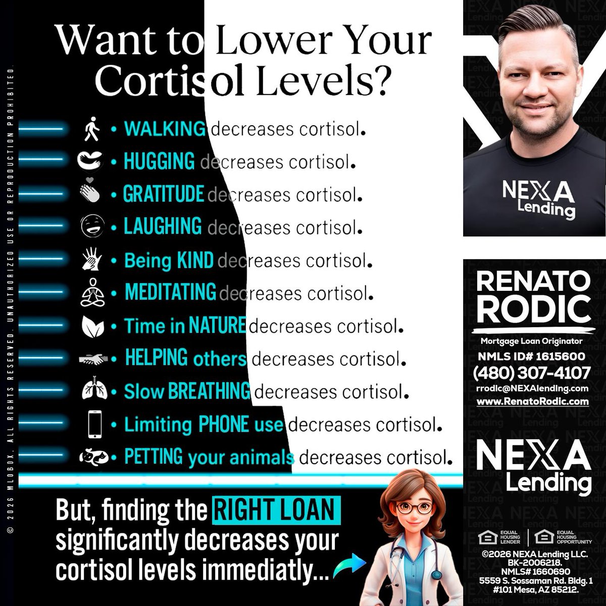 mloboxai's tweet image. Lower your cortisol levels with simple joys! ❤️ Walk, hug, or meditate—small acts make a big difference. Ready to stress less and feel better? Let’s find the right loan for you! 🌟 #StressRelief #Wellness #MentalHealthMatters