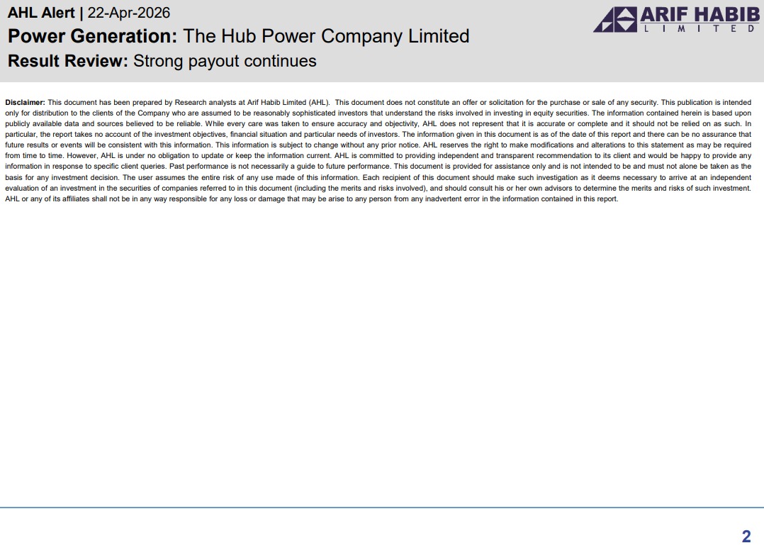 ArifHabibLtd's tweet image. AHL Alert - HUBC Strong payout continues 3QFY26

#KSE100 #PSX #Equities #Pakistan #HUBC
