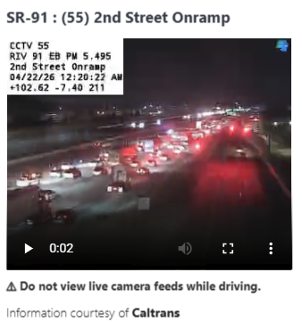 McGauley2's tweet image. #Corona -- The 91 eastbound is heavy past Lincoln, a crash is moving from the three left lanes. (Photo: @Caltrans8) @knxnews #knxtraffic.