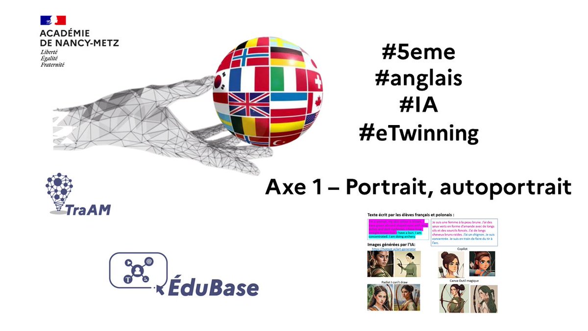 LV_edu_num's tweet image. [Scénario pédagogique #Edubase]
✔️ Une activité en classe de 5eme en #anglais pour illustrer une histoire avec l’#IA. Elle peut s’inscrire dans l’axe 1 - Portrait, autoportrait des programmes de 5eme
💡Proposition de @acnancymetz
🔗 edubase.eduscol.education.fr/fiche/22807