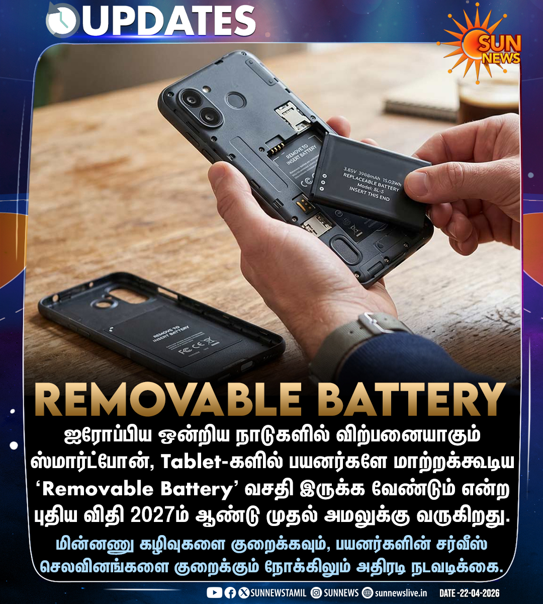 sunnewstamil's tweet image. #NewsUpdate | ஸ்மார்ட்போன்களில் Removable Battery வசதியை கட்டாயமாக்கும் ஐரோப்பிய ஒன்றியம்!

#SunNews | #RemovableBatteries