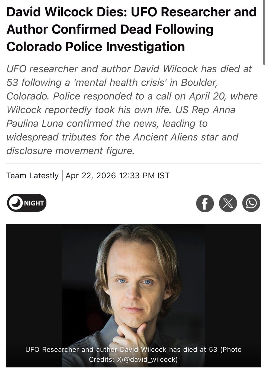 🚨🇺🇸 David Wilcock is now the 12th UFO Researcher/Scientist to recently die under the mysterious circumstances - he is claimed to have committed suicide - this despite taking to social media claiming he is not suicidal. 

Clearly, that all these deaths aren’t coincidences.