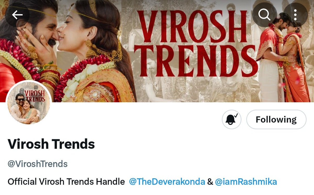 Presenting the official Twitter handle for #VijayDeverakonda &amp; #RashmikaMandanna  fan trends by Team Virosh!

Make sure to follow <a href="/ViroshTrends/">Virosh Trends</a> for genuine updates, HD unseens, drive links &amp; everything about <a href="/TheDeverakonda/">Vijay Deverakonda</a> &amp; <a href="/iamRashmika/">Rashmika Mandanna</a> ❤️