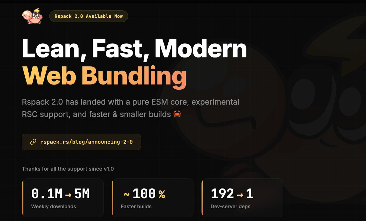 Rspack 2.0 has landed 🦀

The growth since 1.0 is wild:

📈 100K → 5M weekly downloads
⚡️ ~100% faster builds
📉 devServer: 192 deps → 1

And new stuff hits hard:

🧩 Pure ESM core, modern ESM library output
⚛️ Experimental RSC support
...

Lean, Fast, Modern Web Bundling 🚀