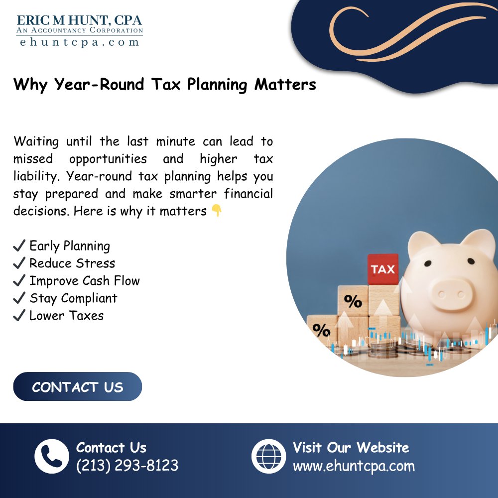 ehuntcpa's tweet image. Year-round tax planning helps reduce liability, improve cash flow, and avoid last-minute stress. Stay prepared and make smarter financial decisions all year.

🌐 ehuntcpa.com
#taxplanning #taxtips #losangelescpa