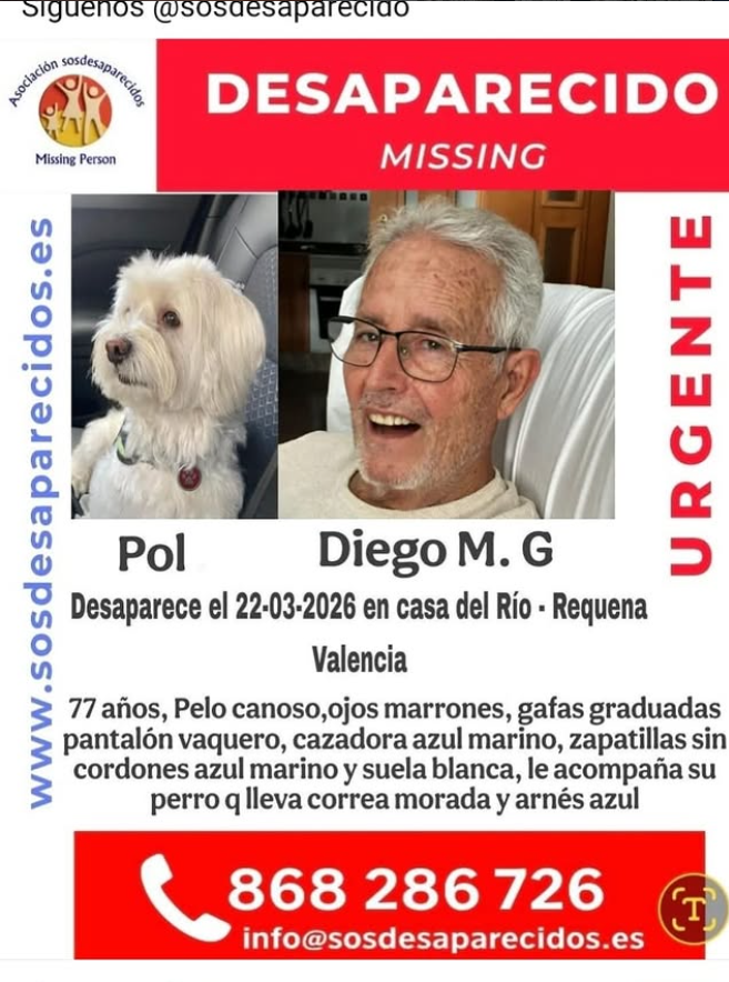 #DESAPARECIDOS  Este señor , Diego M. G. y su perrito Pol desaparecieron el 22 de Marzo de 2026 en casa del Río #Requena #VALENCIA Por favor, si alguien los ha visto llamar al teléfono de contacto, gracias