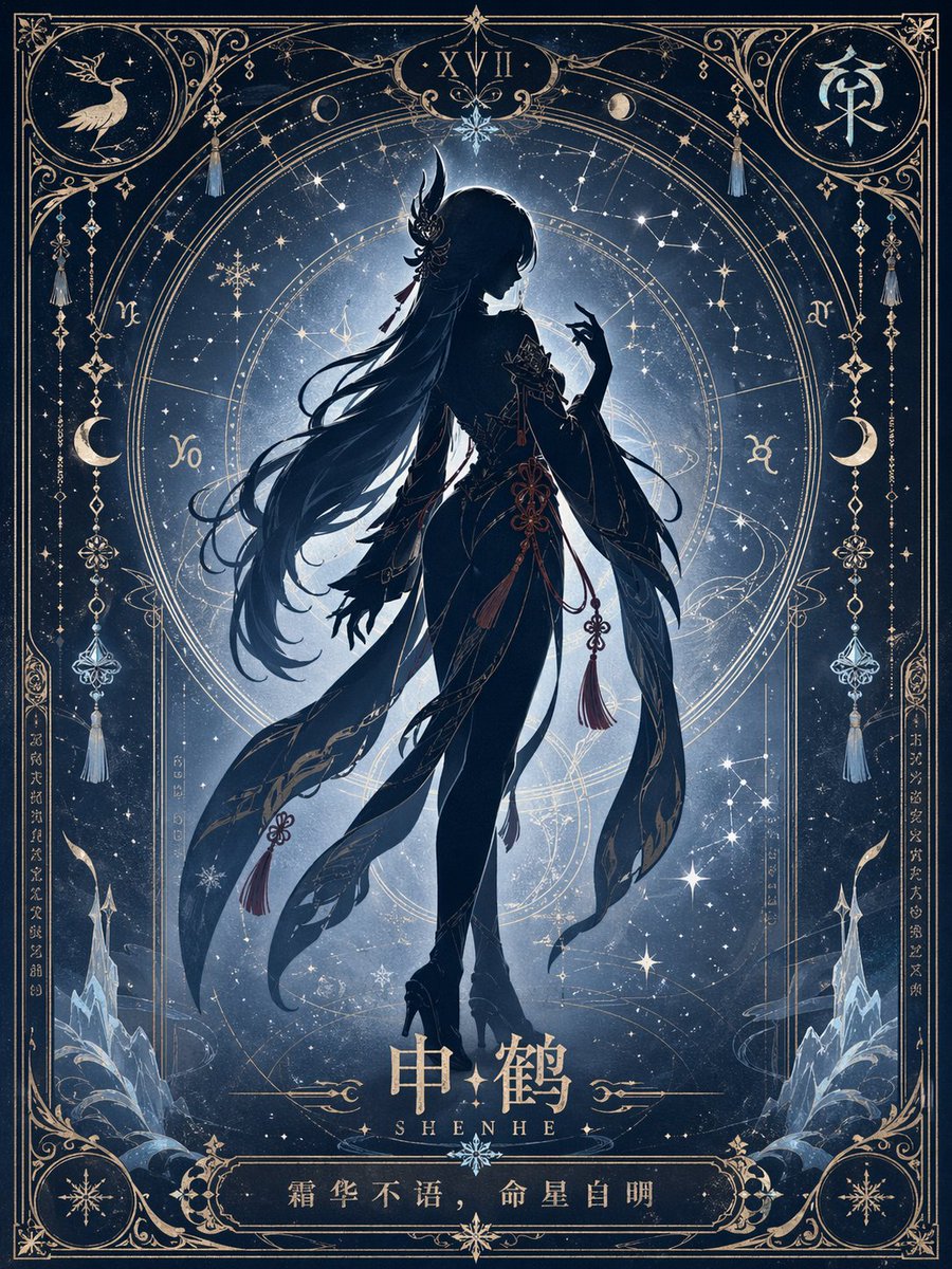 VoxcatAI's tweet photo. 最近迷上了用 AI 做这种极简风格的命运星盘/塔罗系列。

核心逻辑是把角色彻底抽象成剪影，把叙事压力全部丢给背后的占星符号系统。比起复杂的人物立绘，这种处理方式反而更能体现角色的宿命感。

创作关键在于： 

剪影并非纯黑，而是保留极低饱和的深色倾向，只用轮廓去撑辨识度。
放弃纸张纹理，追求金属饰线与微弱辉光的通透质感，把 AI 审美往精工设计方向压。
符文与星轨必须强绑定角色设定，否则画面会显得空洞。

这套图做了雅儿贝德、夏提雅、迪奥、申鹤，感觉每张都可以直接拿去印烫金卡面。

你们觉得哪种角色的剪影最出效果？或者还有什么角色适合做进这个系列？

Prompt👇

根据【角色/主题】生成一张收藏级极简命运星盘 / 塔罗海报。画面中央为该角色巨大、优雅、完整的人物剪影式主视觉，整体保留强烈剪影感，但不是纯黑剪影，而是带有角色主题色倾向的低饱和、有色、偏暗的半剪影；内部只保留非常克制的颜色层次、轻微渐变与微弱辉光，不做完整上色立绘。人物主要通过轮廓、姿态、发型、服饰外形与标志性配饰体现角色辨识度，不强调具体五官，不在剪影内部填充场景，不做叙事拼贴。   

人物背后自动生成与【角色】高度匹配的专属星盘 / 命盘系统，包括同心圆、星轨、黄道刻度、星座连线、月相、神秘符号、几何占星纹样、象征徽记与少量装饰细节。所有配色、纹样、符号系统、装饰元素、材质倾向与光感氛围，全部根据【角色】的身份、气质、能力、阵营、元素属性、世界观与命运感自动推演生成，必须强绑定角色本身，不得模板化。

整体采用严格对称、完整克制的收藏版塔罗牌构图，具有完整边框、角饰、顶部编号区、中部主视觉区、底部角色名铭牌与箴言区。风格融合塔罗构图、新艺术装饰风格、神秘学符号设计与高级极简电影海报审美，整体庄重、神圣、安静、精致、宿命、诗意，具有收藏感与专属感。

整体质感应干净、通透、锐利、精工、华丽，装饰线条清晰细腻，可带有微弱辉光、星尘、能量光纹或金属饰线感；不要纸张纹理，不要纸绘感，不要古旧纸面，不要印刷噪点，不要版画肌理，不要手稿感，不要做旧质感。

画面文字自然融入版式：顶部可有罗马数字或命运编号，中下部呈现【角色】名字，底部加入一句与角色气质高度契合的命运箴言 / 神谕短句，简洁、克制、诗性，像专属于该角色的命运注解。

不要复杂场景，不要剪影内部叙事，不要额外人物，不要模板化背景，不要现代UI，不要廉价奇幻素材，不要过度拥挤，不要失去留白，不要普通角色插画感，不要纯黑剪影，不要完整厚涂立绘感。

竖版 3:4，高清，收藏级，高完成度，精致细节。
