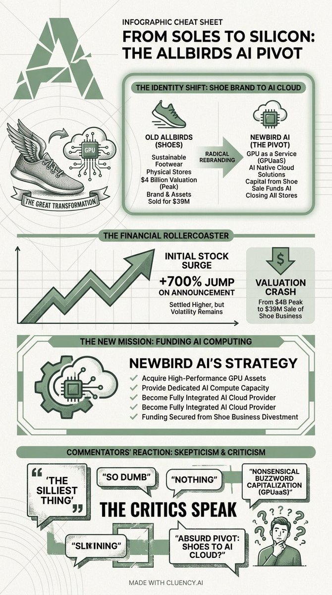cluencyai's tweet image. @verge says Allbirds sold its shoe biz for $39M to become "NewBird AI" offering "GPUaaS". Wild pivot summarized instantly! Made with @cluencyai 

#AI #Allbirds #Business