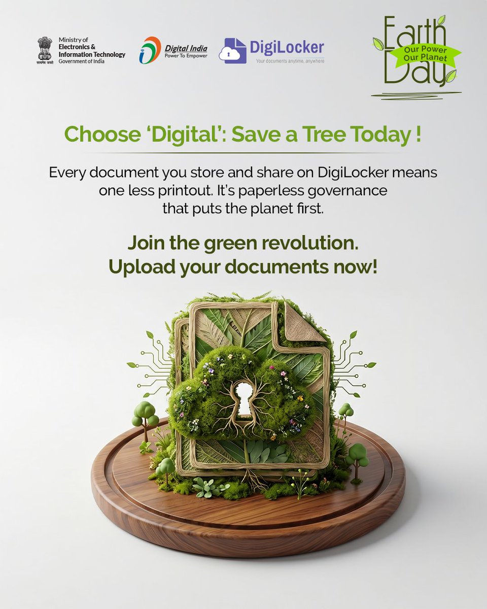 GoI_MeitY's tweet image. 🌳 Go Paperless, Empower our Planet. Access all your verified documents securely and instantly without clicking 'Print.' DigiLocker makes being eco-conscious simple.

#WorldEarthDay #DigitalIndia #GoGreen @digilocker_ind