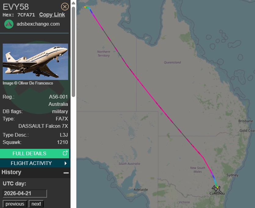 raaf_vip's tweet image. Back to base.

Route: DRW - CBR
🛫: 00:23 UTC on 21/04/2026
🛬: 04:24 UTC

#RAAF #Canberra