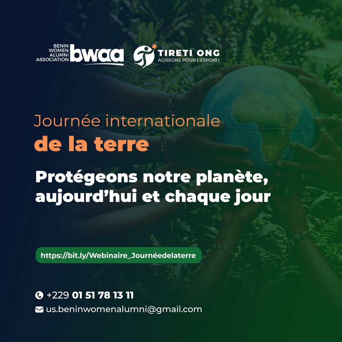 BeninWomen's tweet photo. 🌍 𝐉𝐨𝐮𝐫𝐧𝐞́𝐞 𝐝𝐞 𝐥𝐚 𝐓𝐞𝐫𝐫𝐞 𝟐𝟎𝟐𝟔 : 𝐍𝐨𝐭𝐫𝐞 𝐩𝐨𝐮𝐯𝐨𝐢𝐫, 𝐧𝐨𝐭𝐫𝐞 𝐩𝐥𝐚𝐧𝐞̀𝐭𝐞

Chaque action compte pour protéger notre planète.

BWAA et TIRETI ONG vous donnent rendez-vous ce soir à 20h pour un webinaire gratuit.

🔗 https://t.co/7oeB7jShR0

#BWAA https://t.co/O3QghVXowr