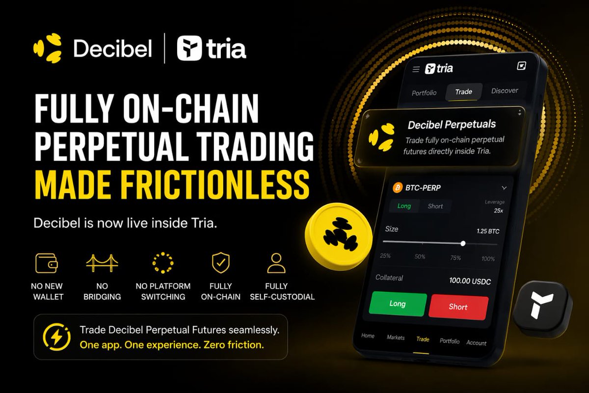 FULLY ON-CHAIN PERPETUAL TRADING ENTERS ITS USABILITY ERA

<a href="/DecibelTrade/">Decibel</a> x <a href="/useTria/">Tria</a> redefine access to decentralized derivatives through seamless integration

The next evolution of decentralized finance is no longer just about building new primitives, it’s about making them