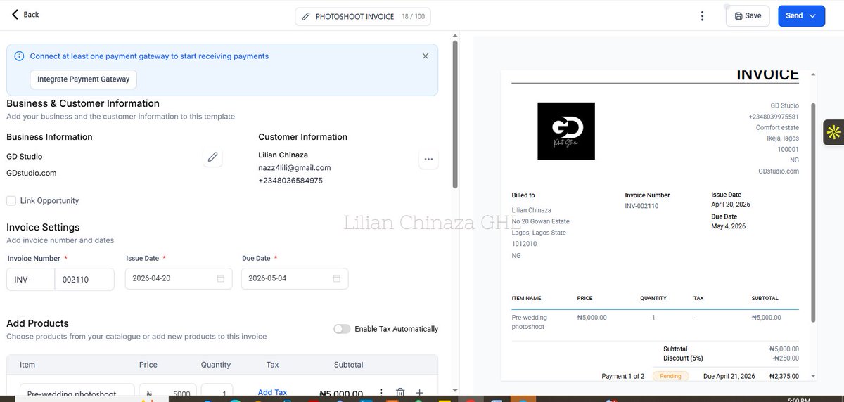 perfect4all_'s tweet photo. Businesses spend days creating invoices across 5 different apps.
I built one inside GoHighLevel in minutes — itemized services, 5% discount, split payments, due dates, terms, and emailed it to the client without leaving the platform.
Your invoicing process shouldn't be a project. https://t.co/q8Njhyqc2K