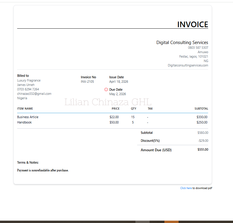 perfect4all_'s tweet photo. Businesses spend days creating invoices across 5 different apps.
I built one inside GoHighLevel in minutes — itemized services, 5% discount, split payments, due dates, terms, and emailed it to the client without leaving the platform.
Your invoicing process shouldn't be a project. https://t.co/q8Njhyqc2K