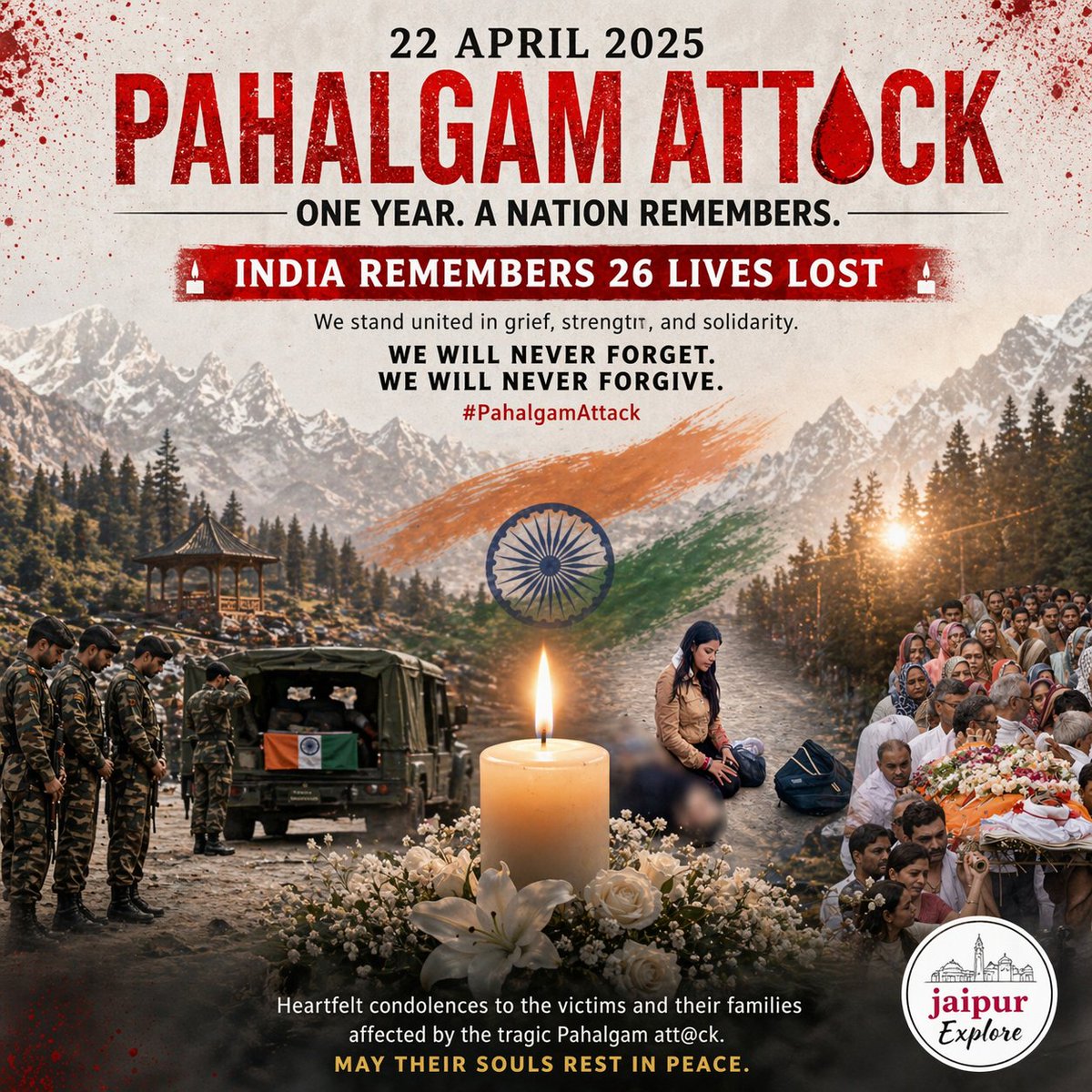 JaipurExplore's tweet image. 22 April 2025,  a day India will never forget. 💔
In Pahalgam, 26 innocent lives were lost in a tragedy that shook the nation.
One year later, we remember. We stand united. 🇮🇳
Gone, but never forgotten. 🙏
#PahalgamAttack #IndiaRemembers #oprationsindoor #Justice #India 🇮🇳