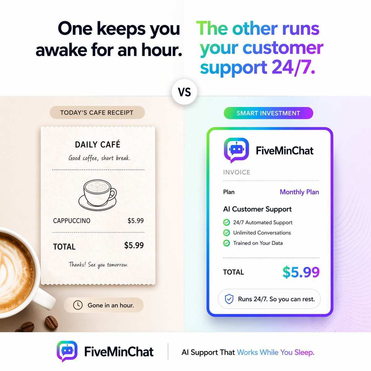 vibtech23's tweet photo. One keeps you awake for an hour. The other runs your customer support 24/7.
​
It's

​✅ Zero code setup
✅ Learns your site in minutes
✅ Works on any platform

​Try it free today at https://t.co/csO2KJFTR8

​#SaaS #IndieHackers #CustomerSupport #AI #BuildInPublic https://t.co/nPYWsCGygw