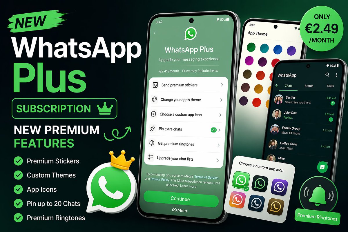 infopenews's tweet photo. WhatsApp is testing a paid subscription called “WhatsApp Plus” 👀

✔ Custom themes
✔ Premium stickers
✔ More pinned chats
✔ Better control
💰 ~₹200–₹300/month
Free version stays unchanged.
Would you pay for it? 🤔

#WhatsApp #TechNews #Updates

https://t.co/eGLG5Q0gEu https://t.co/aC3xOVom82