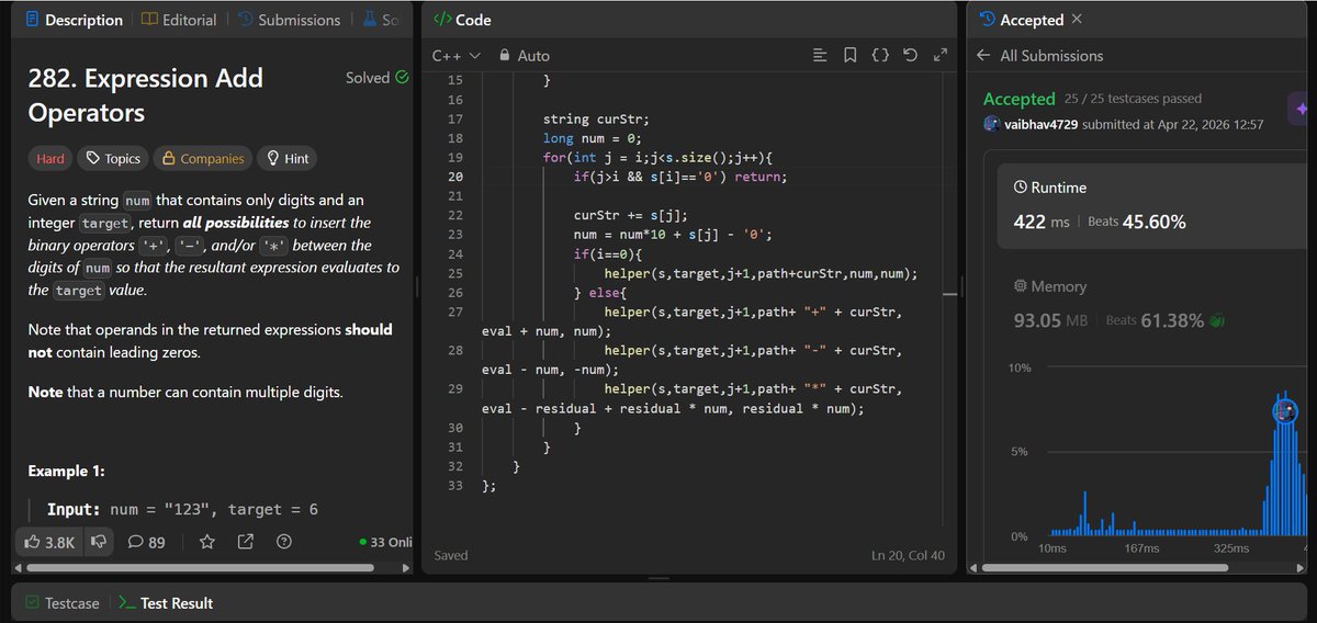 Vaibhav8807's tweet photo. Day 104/365
Solved LeetCode Q282 today.
Expression Add Operators.
Backtracking with careful handling of operands — tricky, especially with leading zeros.
Tough but fun.
#26meDSAkhatam #buildinpublic #LeetCode #backtracking #recursion https://t.co/0Yvuj5EXti